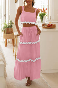 2 Piece Summer Casual Sleeveless Cropped Tank Top High Waisted Maxi Skirt Set