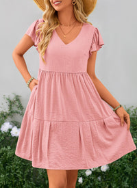 Summer Casual Cap Sleeve V Neck Tiered Ruffle Swing A Line Dresses