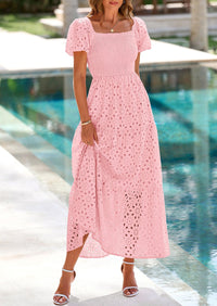 PRETTYGARDEN Dresses for Women Eyelet Square Neck Puff Sleeve Smocked Wedding Guest Maxi Dress with Pockets