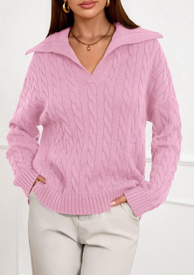 PRETTYGARDEN Fall Cable Knit Oversized Sweaters for Women Polo V Neck Long Sleeve Casual Chunky Sweater Pullover Tops PRETTYGARDEN