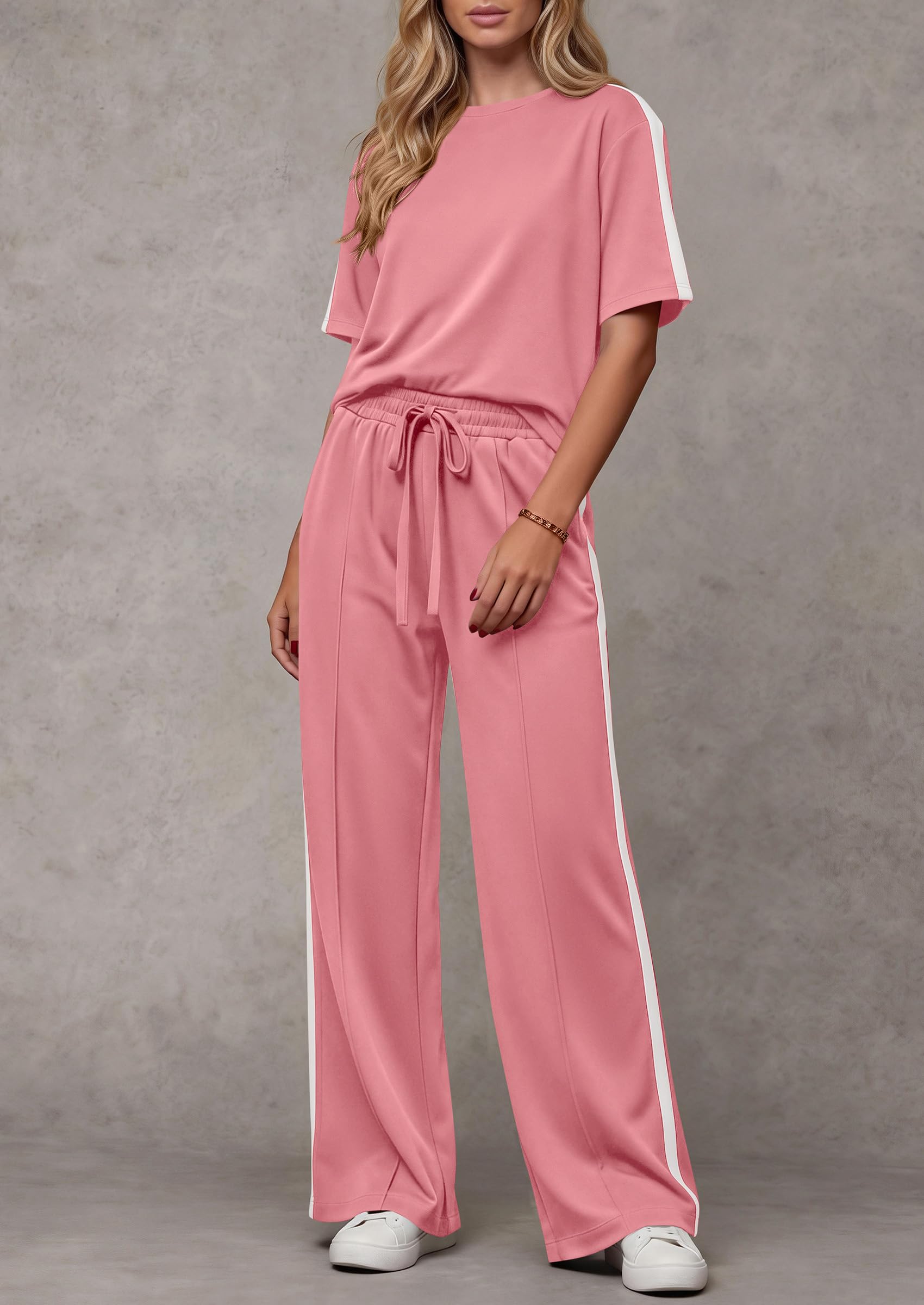PRETTYGARDEN Women's 2 Piece Sets Summer Casual Short Sleeve Tops Wide Leg Pants Matching Lounge Set Vacation Travel Outfits PRETTYGARDEN
