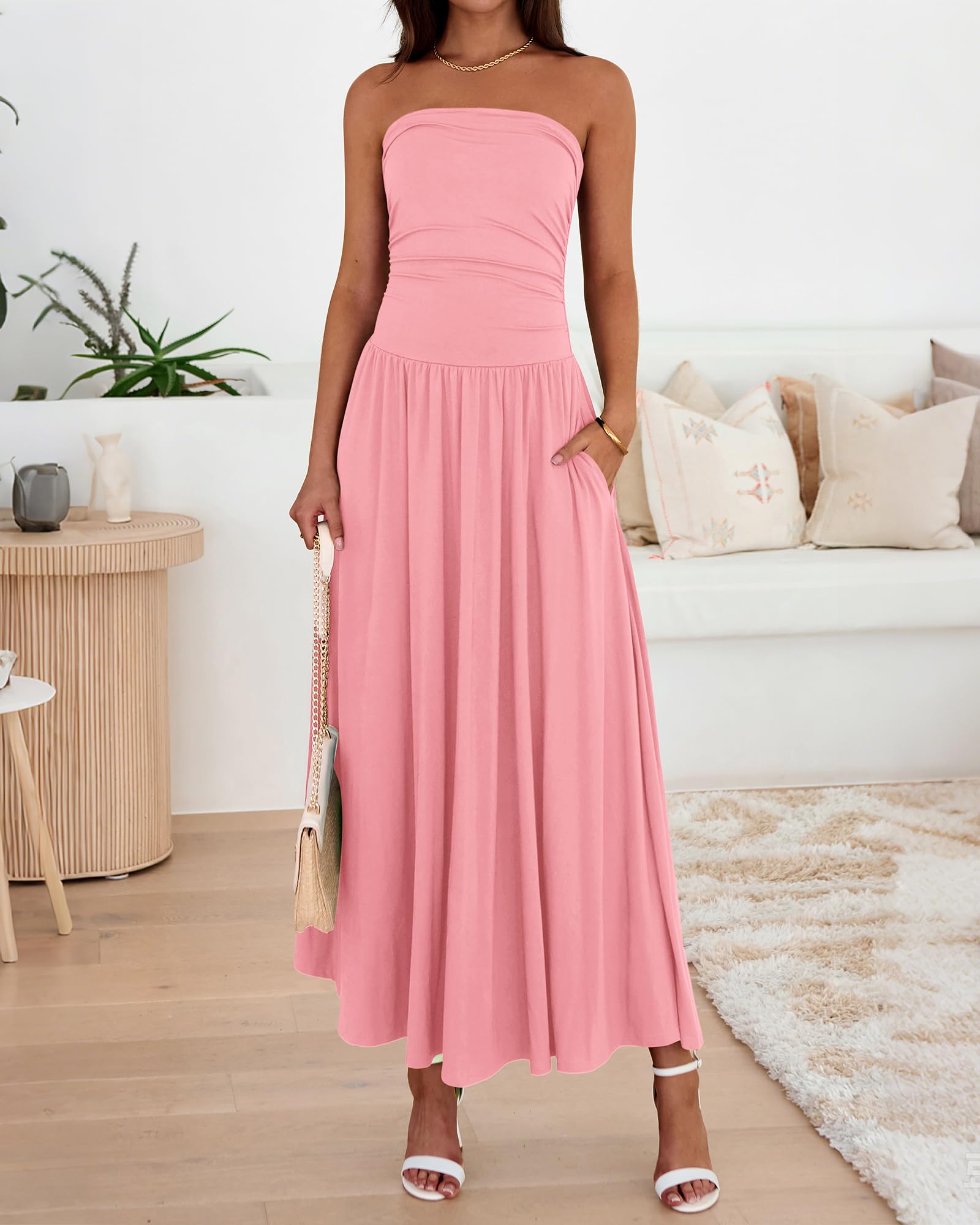BTFBM Summer Maxi Dresses for Women Strapless Ruched Tube Top Beach Vacation Spring Wedding Guest Dress Pockets PRETTYGARDEN