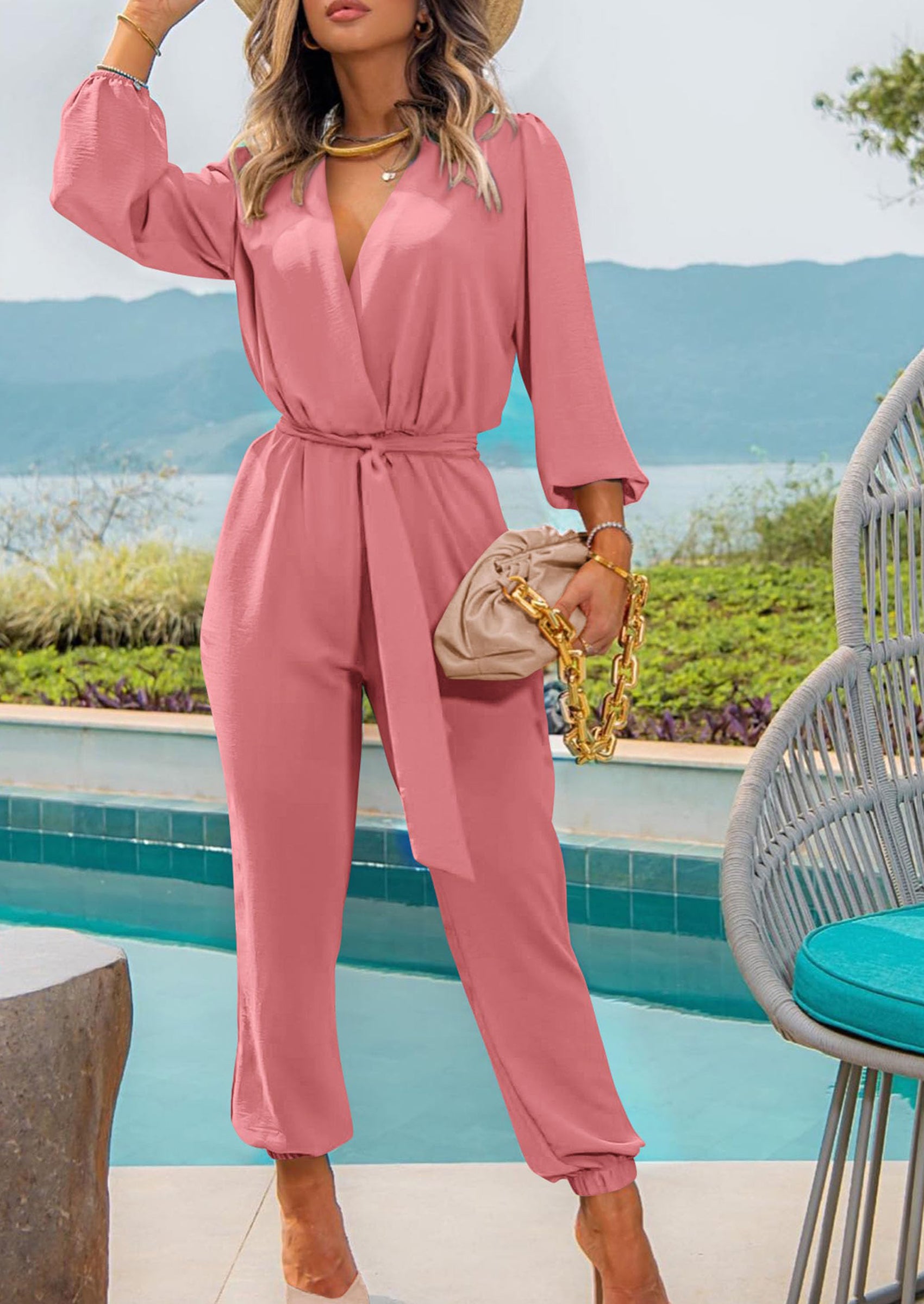 PRETTYGARDEN Women's Fall Jumpsuits Dressy Casual Pants Romper Spring Long Sleeve V Neck Belt Pockets One Piece Outfits