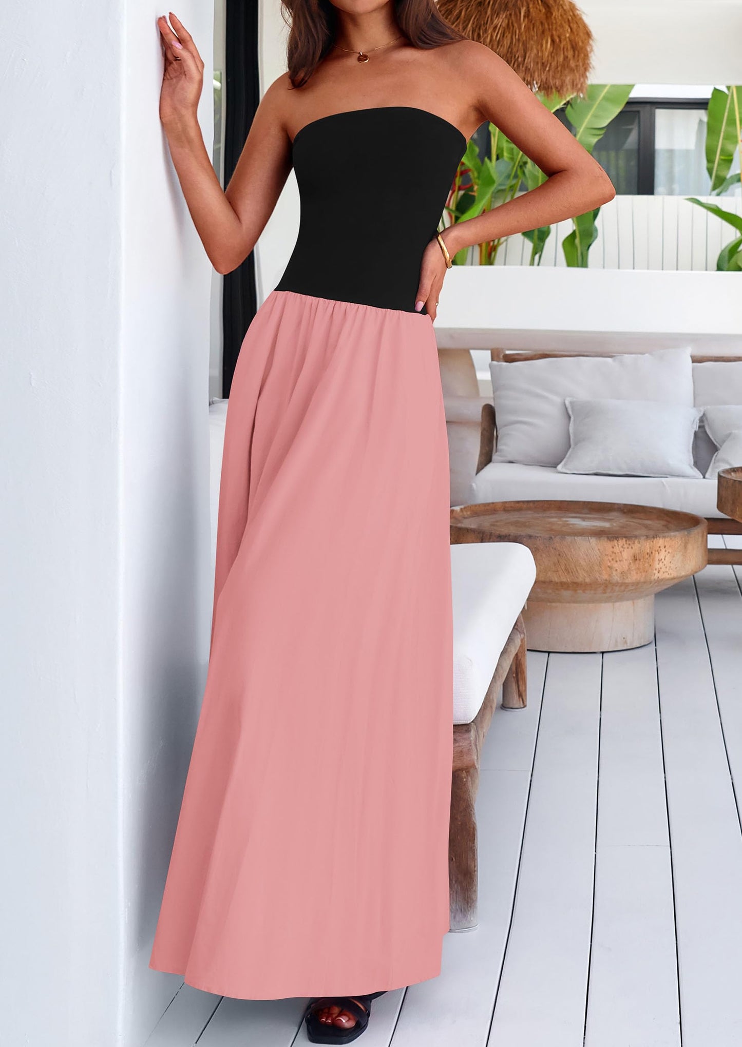 Women's 2025 Summer Strapless Maxi Dresses Patchwork Long Flowy Elegant Going Out Tube Top Dress with Pockets