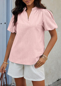 Womens Casual Summer V Neck Short Puff Sleeve Pleated Cotton Loose Dressy Blouses