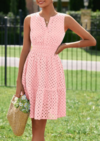 PRETTYGARDEN Women's Summer Dresses Sleeveless V Neck Eyelet Hollow Out Swing A Line Beach Vacation Sun Dress PRETTYGARDEN