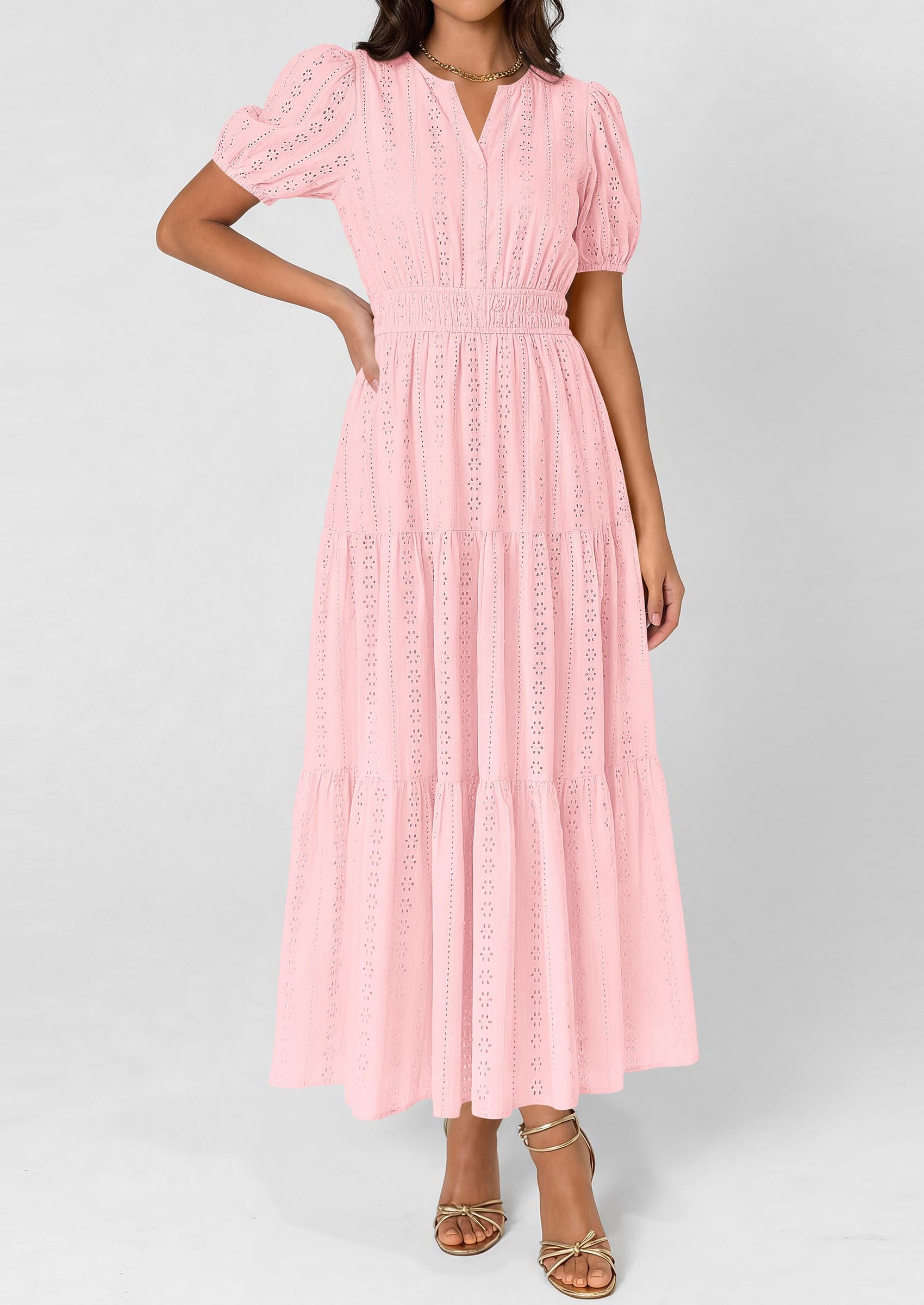 PRETTYGARDEN Womens Summer Maxi Dresses Casual Puff Sleeve V Neck Smocked Flowy Eyelet Cotton Dress Spring Sundress PRETTYGARDEN