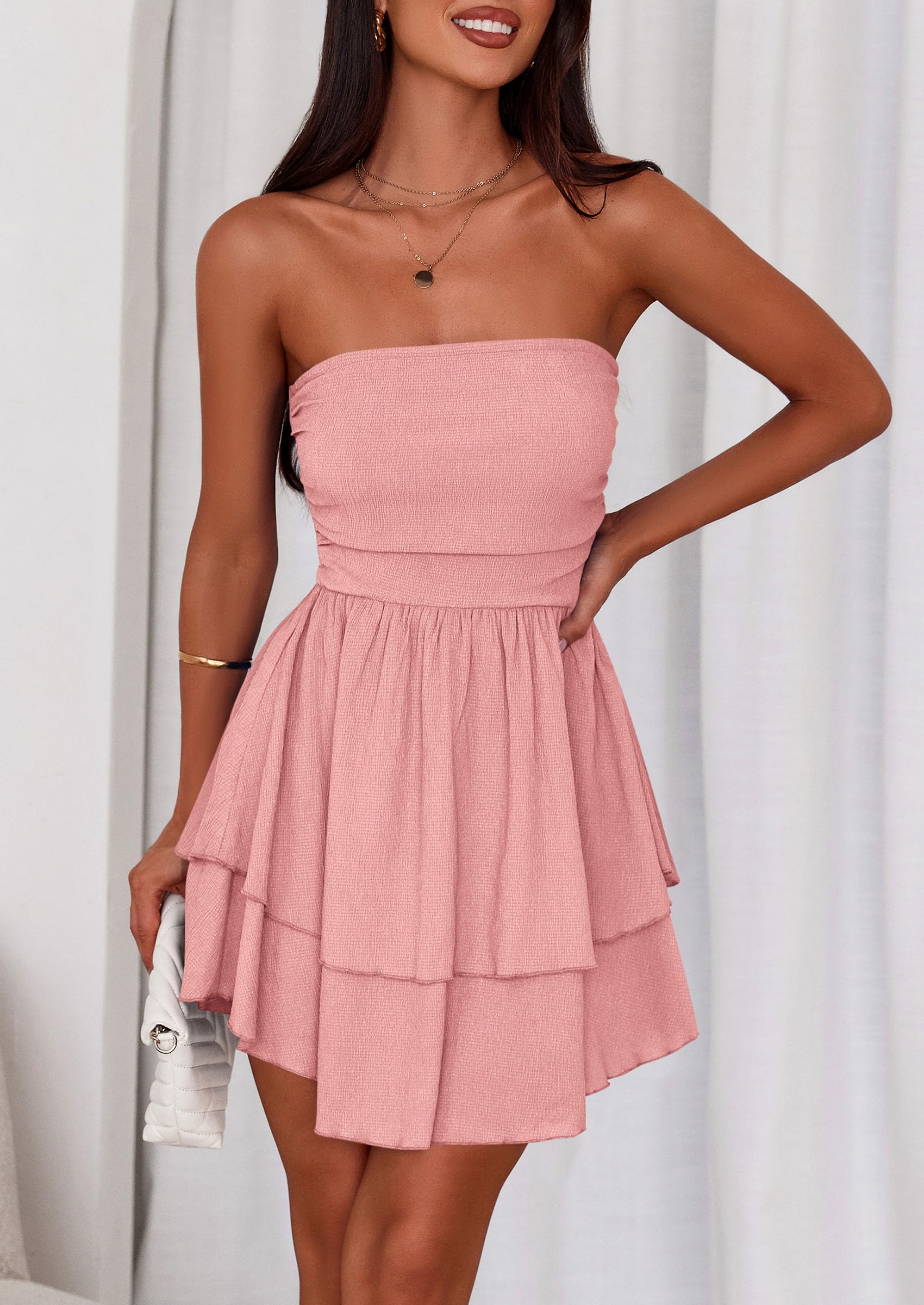 PRETTYGARDEN Women's Summer Strapless Tube Mini Dress Off Shoulder Smocked Ruffle A Line Flowy Short Party Club Dresses