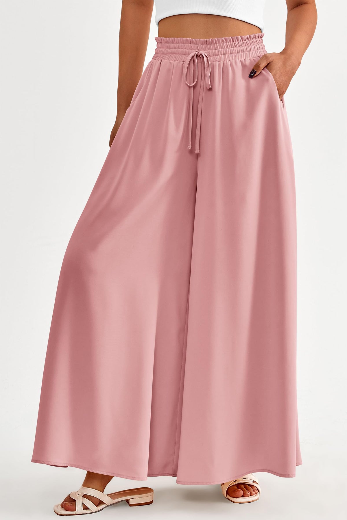 Wide Leg High Waisted Flowy Pockets Palazzo Pants