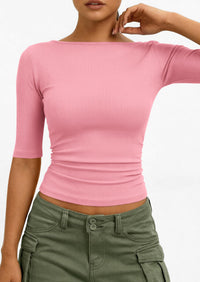 PRETTYGARDEN Womens Summer Short Sleeve Tops Boat Neck Ribbed Knit Slim Fit T Shirt Casual Basic Top Spring Clothes PRETTYGARDEN