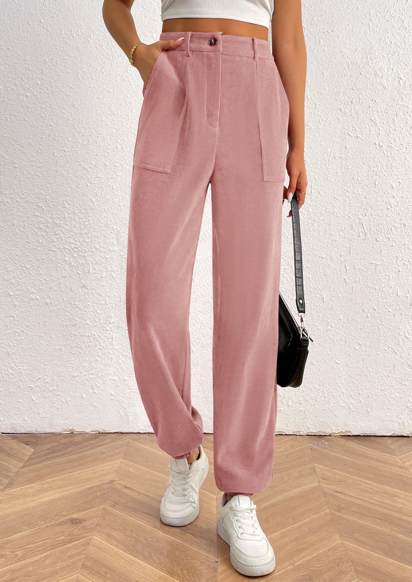 PRETTYGARDEN Women's Pants Dressy Casual Fall Elastic High Waisted Work Office Corduroy Trouser Slacks with Pockets