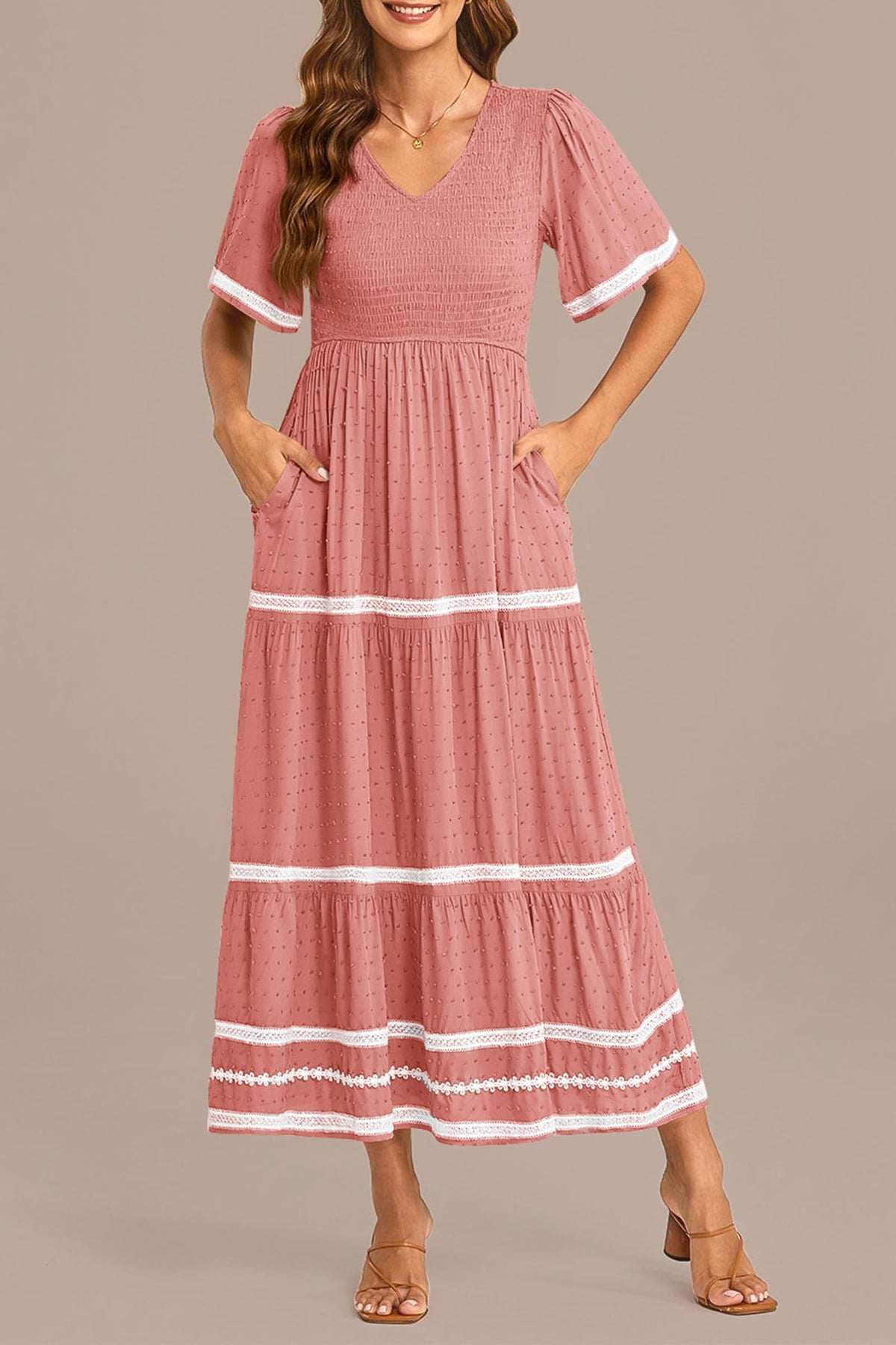 Casual Short Sleeve Swiss Dot V Neck Smocked Flowy Beach Maxi Dresses