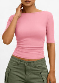 PRETTYGARDEN Womens Summer Short Sleeve Tops Boat Neck Ribbed Knit Slim Fit T Shirt Casual Basic Top Spring Clothes PRETTYGARDEN