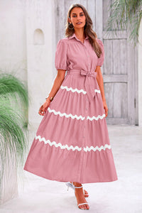 Summer Maxi Button Down Puff Short Sleeve Ruffle Long Flowy Shirt Dresses With Belt