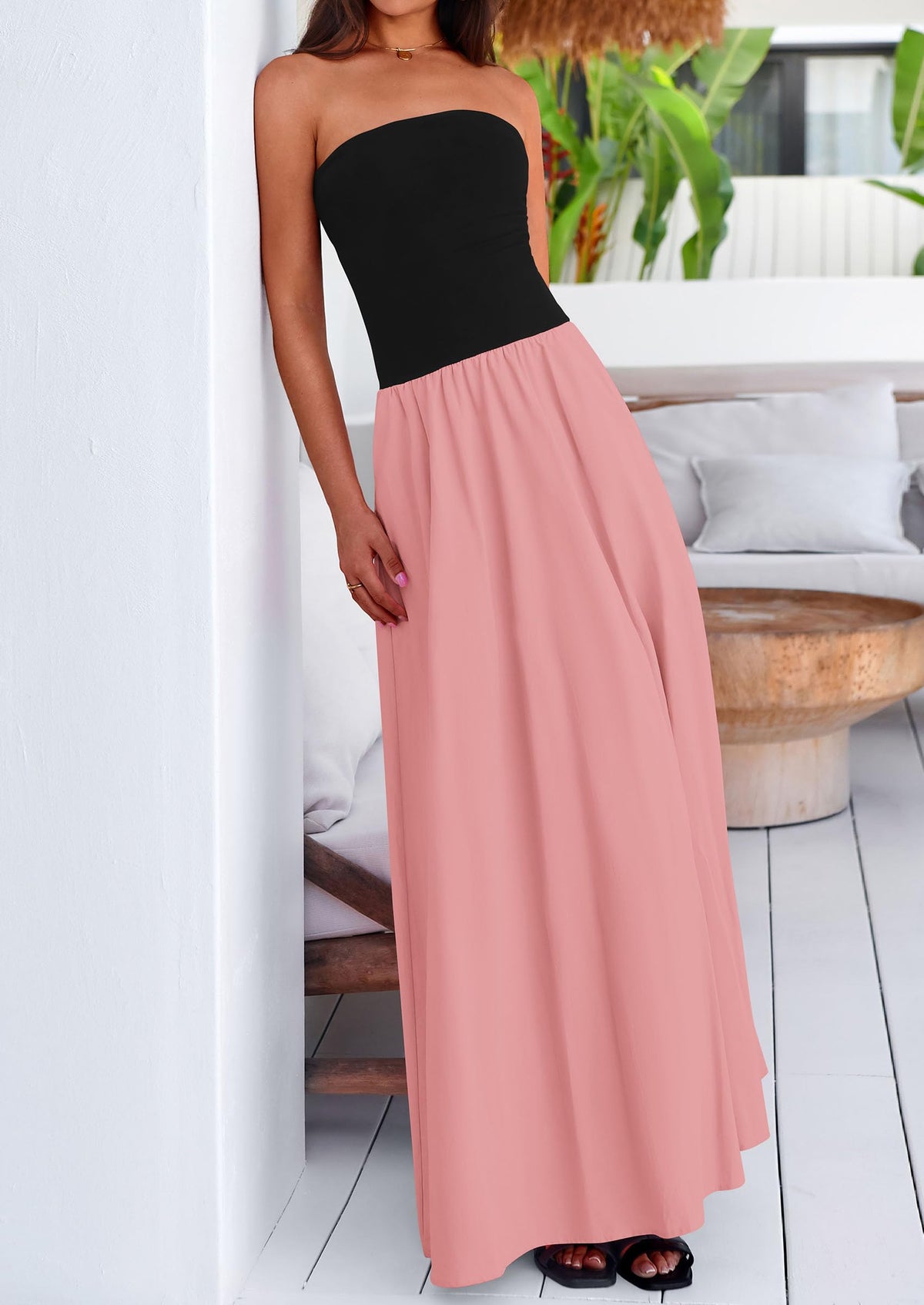 Women's 2025 Summer Strapless Maxi Dresses Patchwork Long Flowy Elegant Going Out Tube Top Dress with Pockets