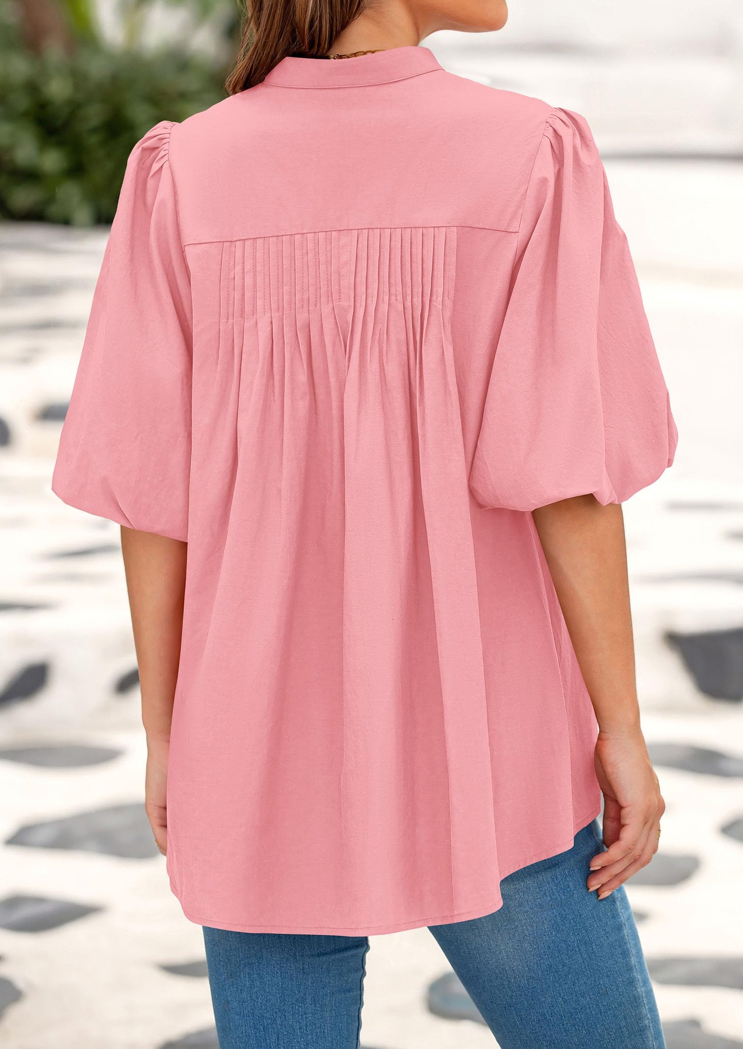 Women's 2025 Summer Short Lantern Sleeve Tops Loose Fit Button Down Shirt Casual Pleated V Neck Blouses