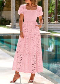 PRETTYGARDEN Dresses for Women Eyelet Square Neck Puff Sleeve Smocked Wedding Guest Maxi Dress with Pockets