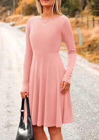 Women's Fall Short Dress Ribbed Knit Crewneck Long Sleeve A Line Flowy Casual Elegant Cute Going Out Dresses