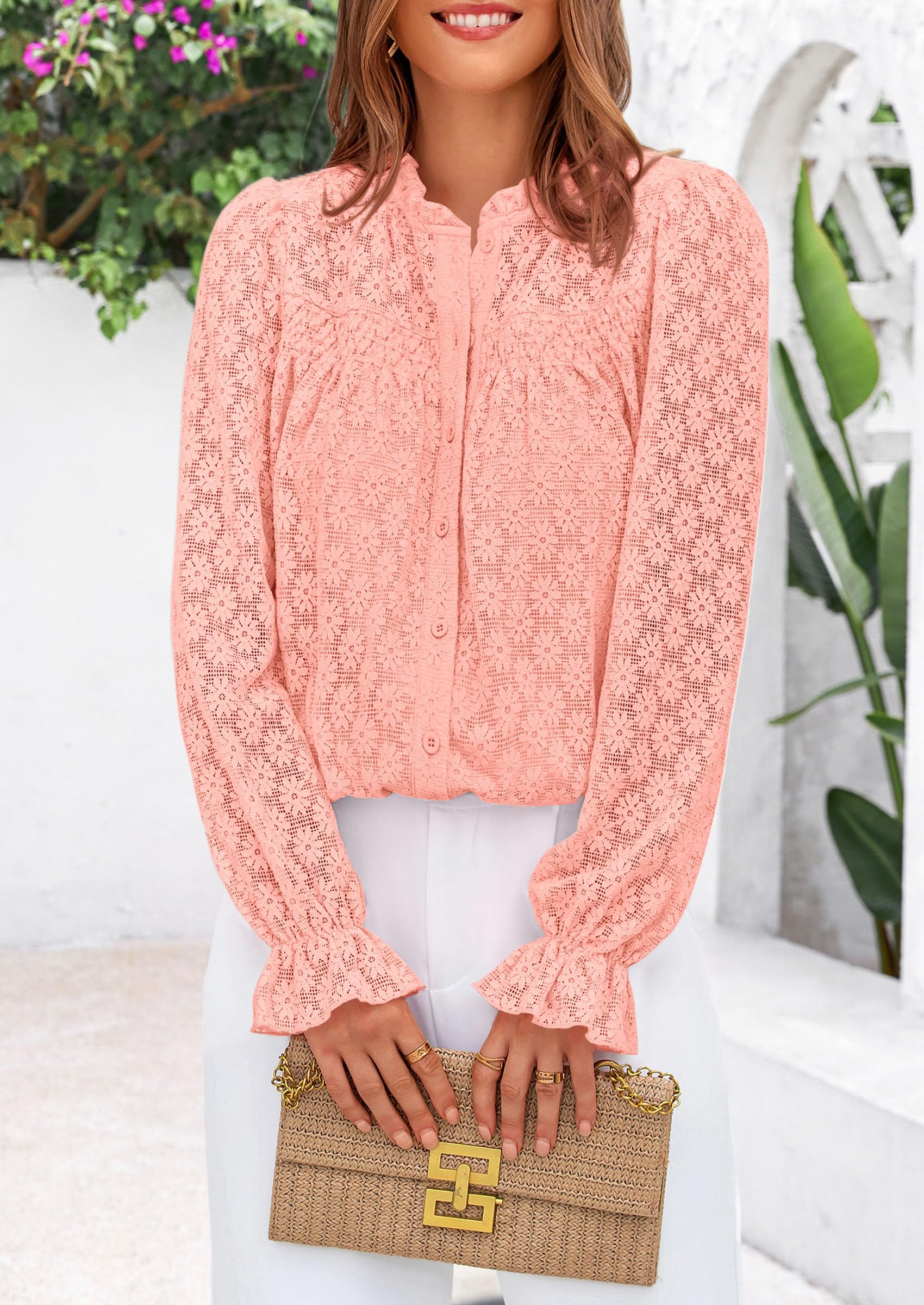 PRETTYGARDEN Lace Long Sleeve Tops for Women Eyelet Blouses Dressy Casual Hollow Out Button Down Shirts Summer Outfits