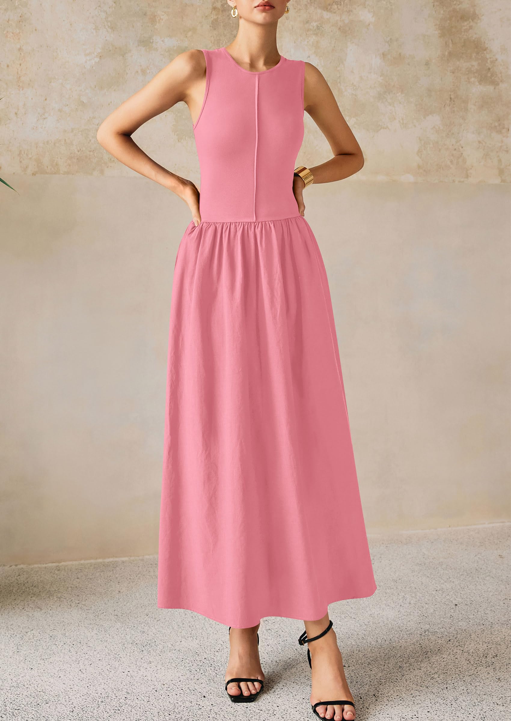 PRETTYGARDEN Women Maxi Dresses Casual Sleeveless Patchwork Knit Tank Dress Flowy Beach Sundress Long Dress