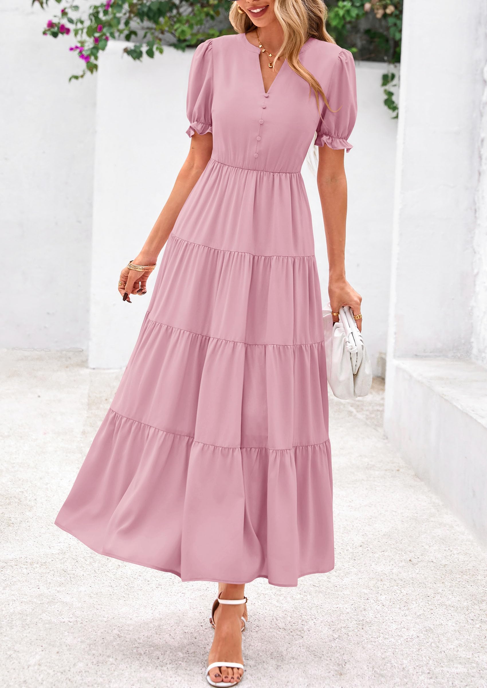 PRETTYGARDEN Women's Casual Short Sleeve V Neck Midi Dresses Spring A-line Tiered Wedding Guest Dress