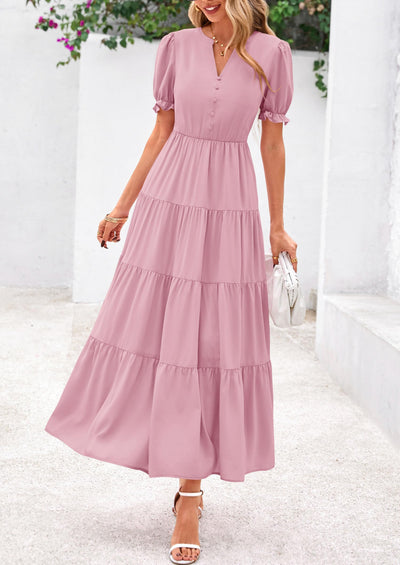 PRETTYGARDEN Women's Casual Short Sleeve V Neck Midi Dresses Spring A-line Tiered Wedding Guest Dress