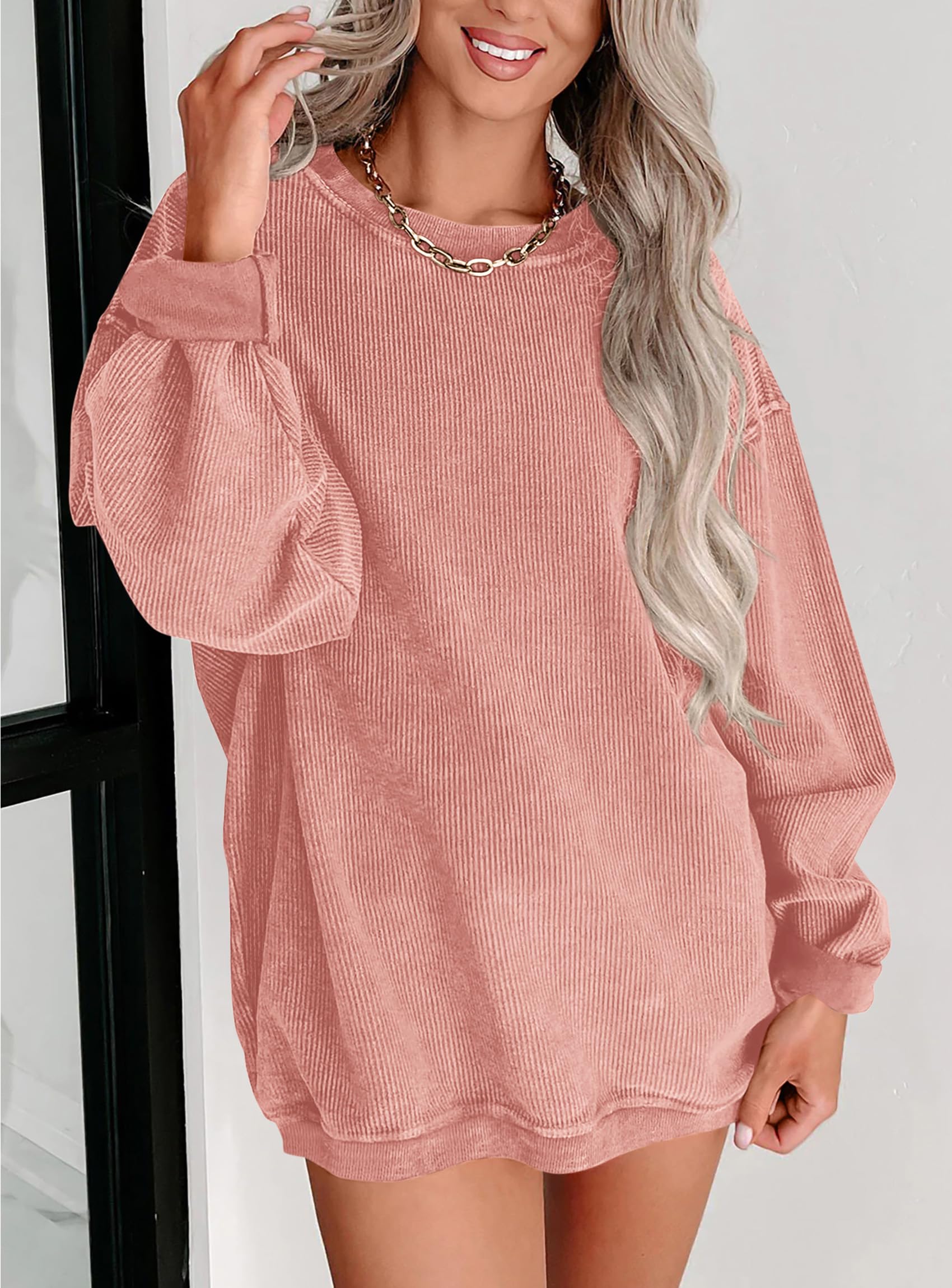 PRETTYGARDEN Women's Oversized Sweatshirt 2025 Fall Fashion Clothes Ribbed Corduroy Long Sleeve Going Out Pullover Tops