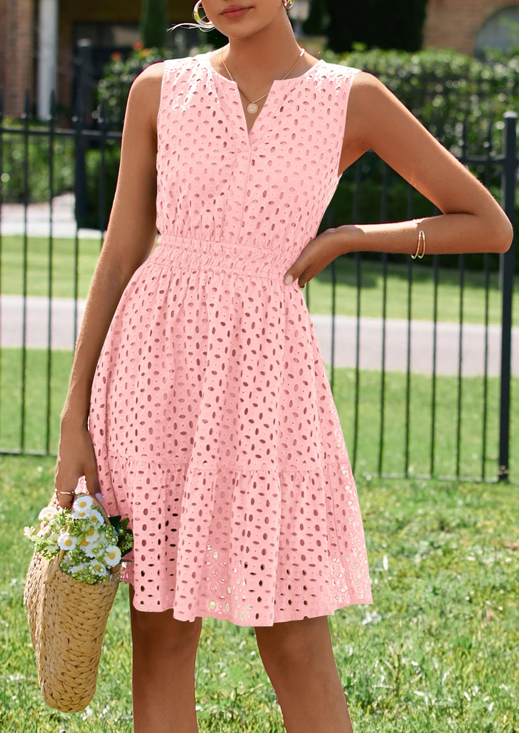 PRETTYGARDEN Women's Summer Dresses Sleeveless V Neck Eyelet Hollow Out Swing A Line Beach Vacation Sun Dress PRETTYGARDEN