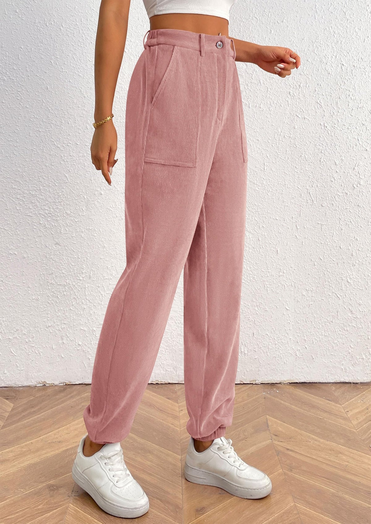 Women's Dressy Casual Pants Elastic High Waisted Work Office Corduroy Trouser Slacks with Pockets