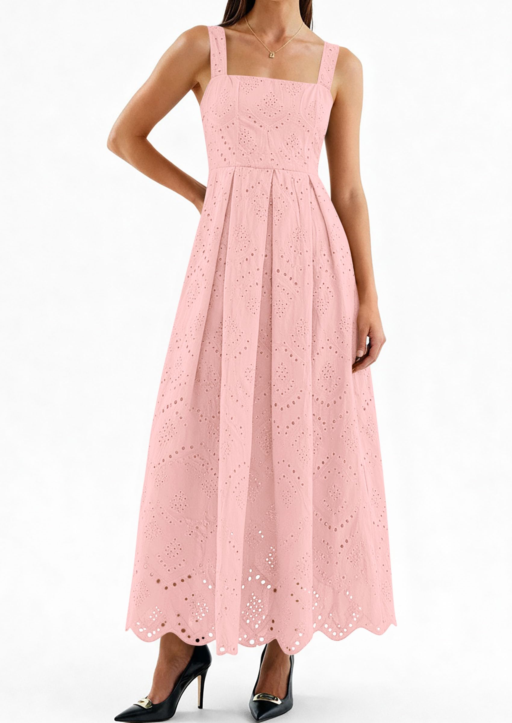 PRETTYGARDEN Womens Sleeveless Maxi Summer Dresses Hollow Out Eyelet Square Neck Ruffle Flowy Beach Vacation Sundress PRETTYGARDEN