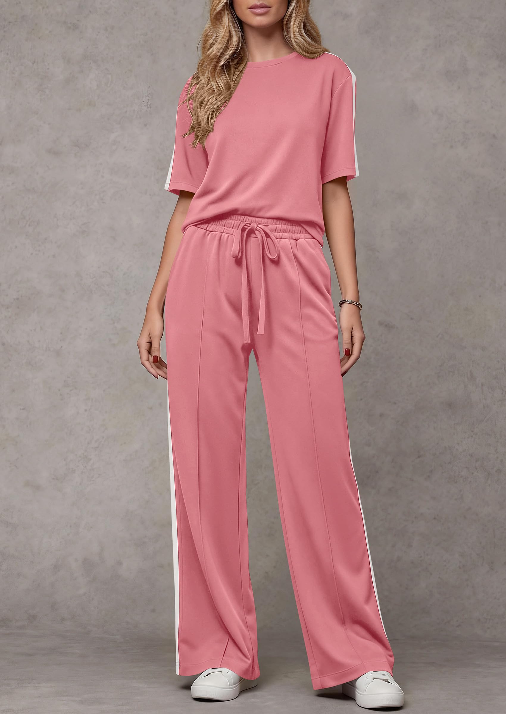 PRETTYGARDEN Women's 2 Piece Sets Summer Casual Short Sleeve Tops Wide Leg Pants Matching Lounge Set Vacation Travel Outfits PRETTYGARDEN