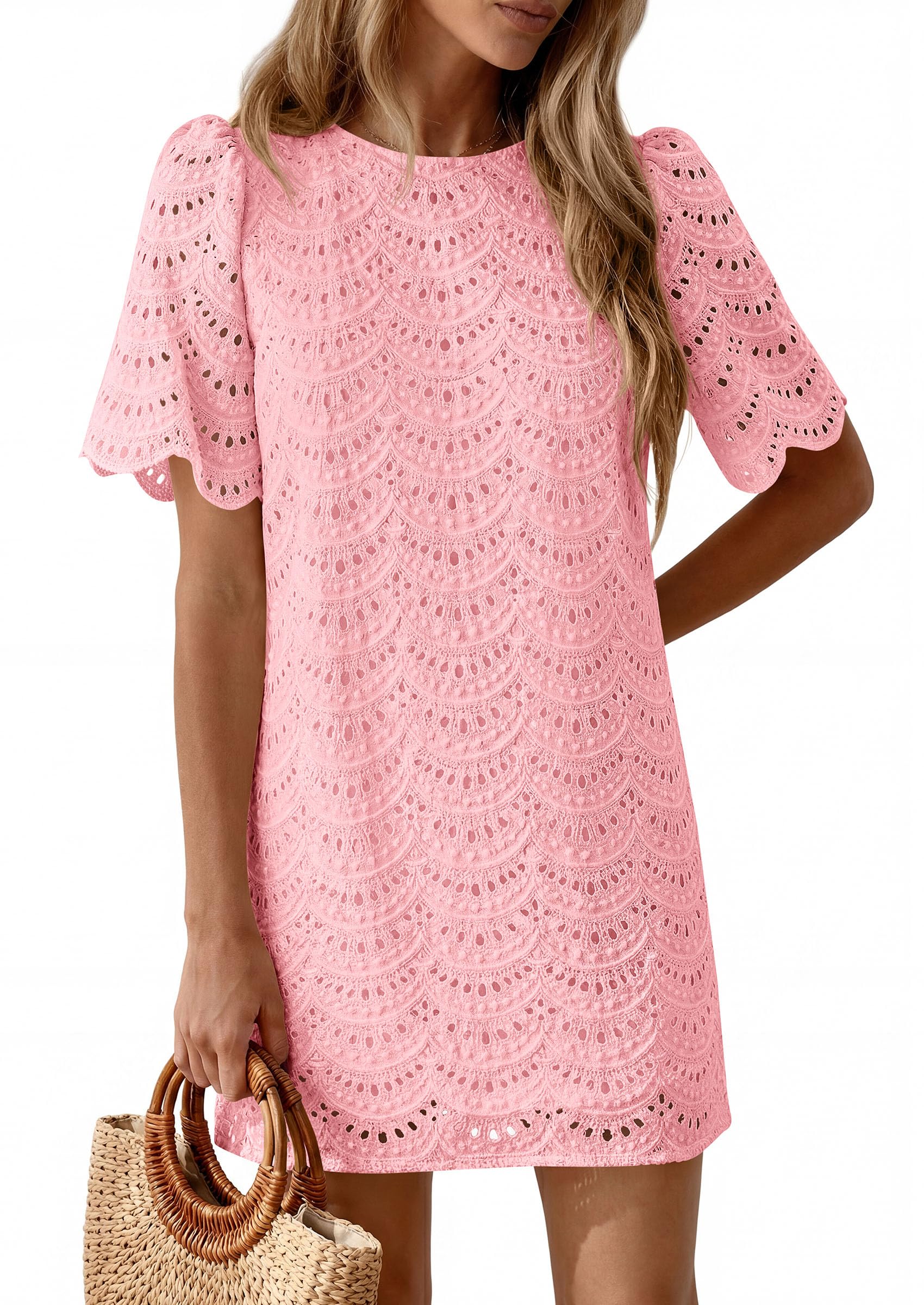 PRETTYGARDEN Women's Summer Casual Short Dresses Embroidered Lace Short Sleeve Boho Mini Dress Beach Vacation Clothes PRETTYGARDEN