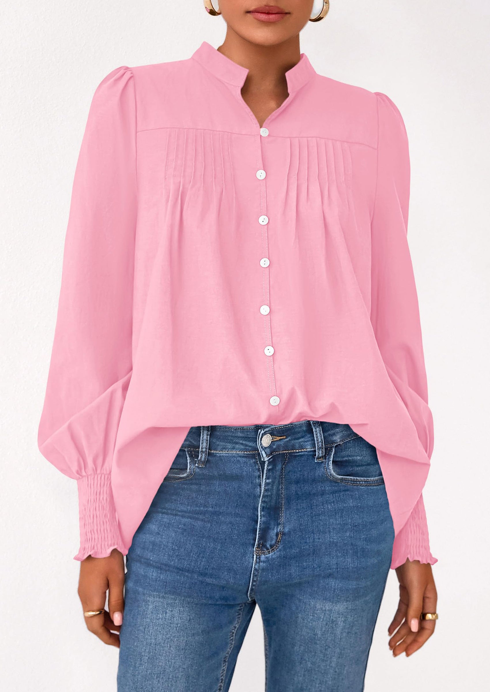 PRETTYGARDEN Womens Fall Lantern Long Sleeve Shirts Trendy Button V Neck Pleated Henley Tops Loose Work Blouses