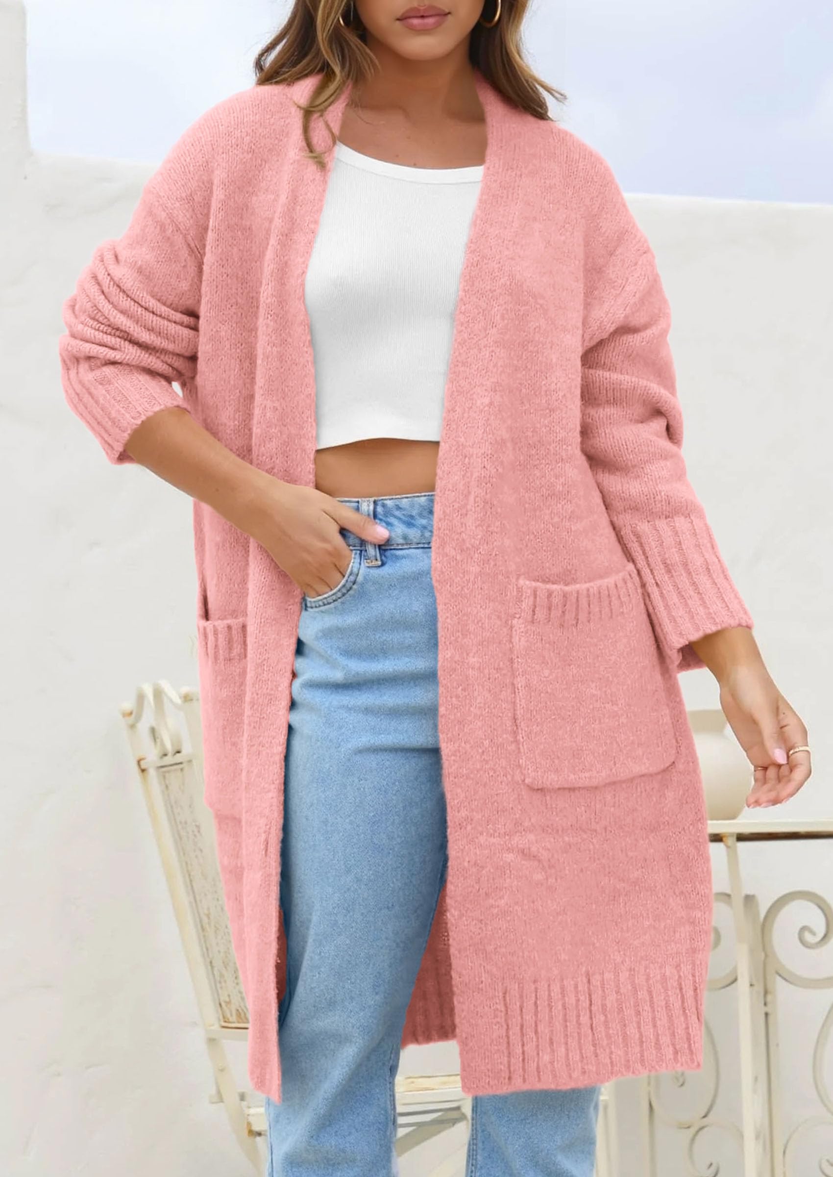 PRETTYGARDEN Fall Long Sleeve Cardigan Sweaters for Women Trendy Winter Open Front Loose Knitted Cardigans with Pockets