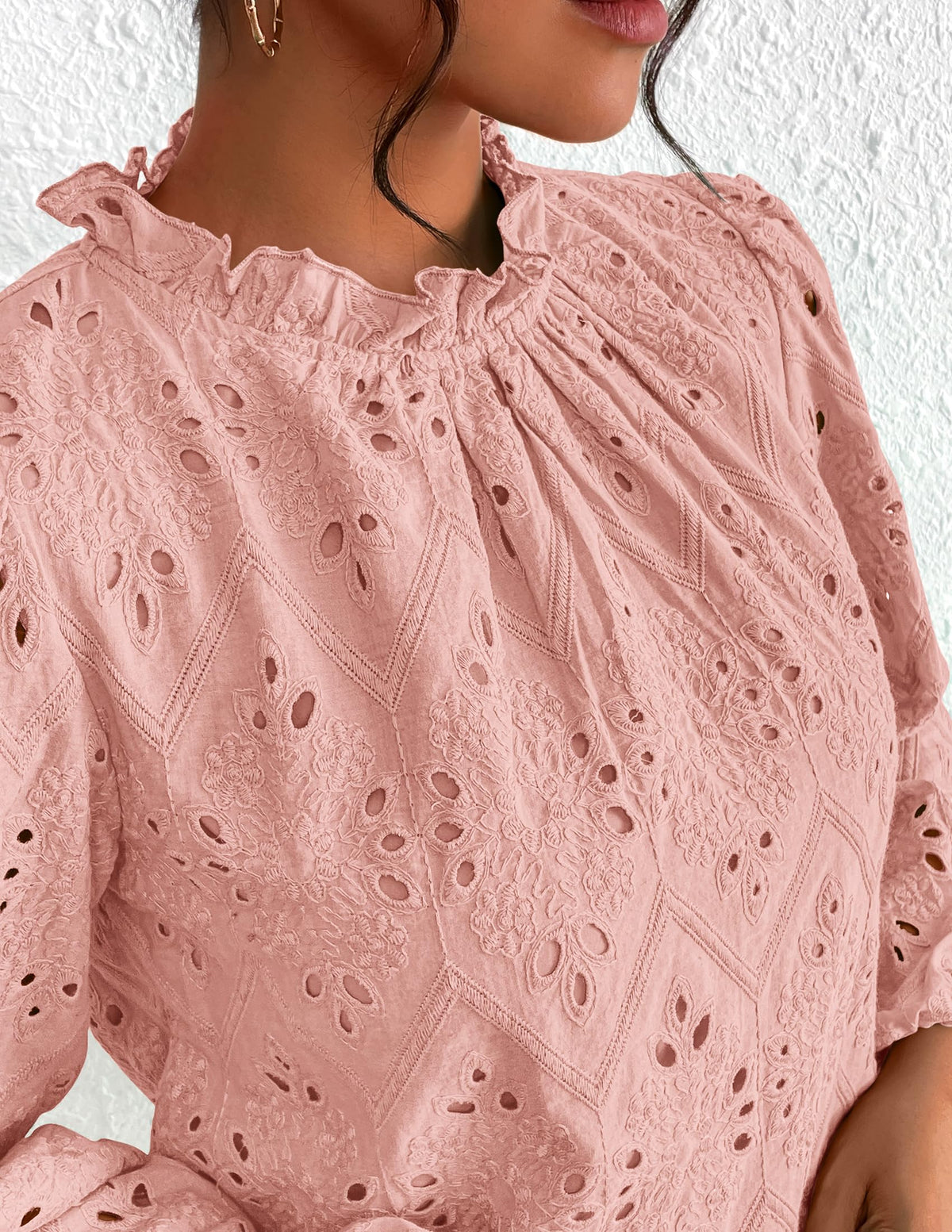 Womens Blouses Dressy Casual Embroidered Long Puff Sleeve Shirts Ruffle Eyelet Lace Top Fall Clothes