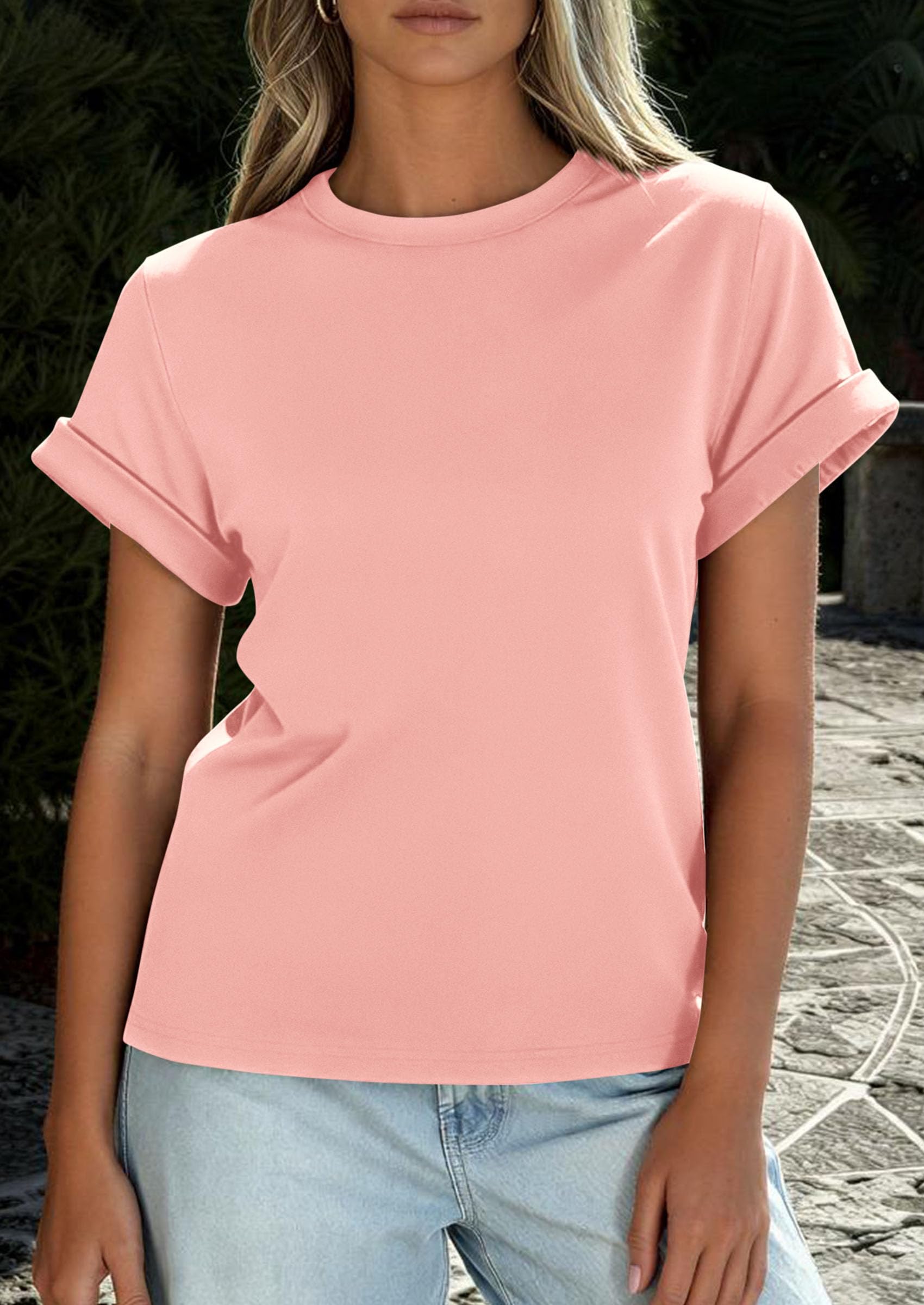 PRETTYGARDEN Womens Summer Tops Spring Casual Rolled Short Sleeve Basic Tees Crew Neck Work Shirts Fashion Clothing PRETTYGARDEN