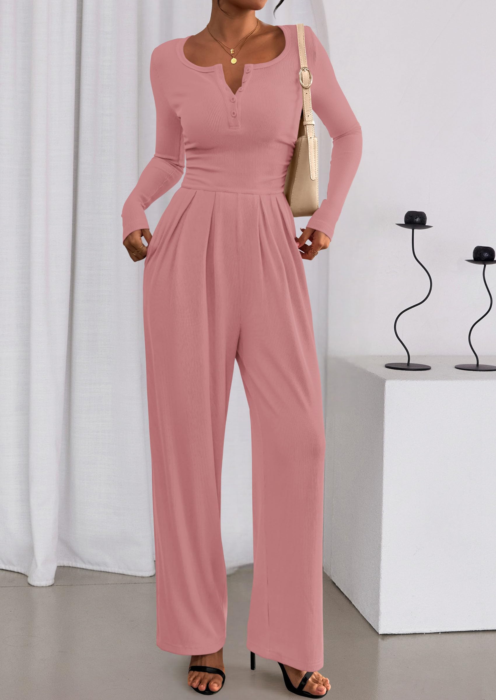 PRETTYGARDEN Jumpsuits for Women Dressy Casual Fall One Piece Outfits Long Sleeve Crew Neck Wide Leg Pants Rompers