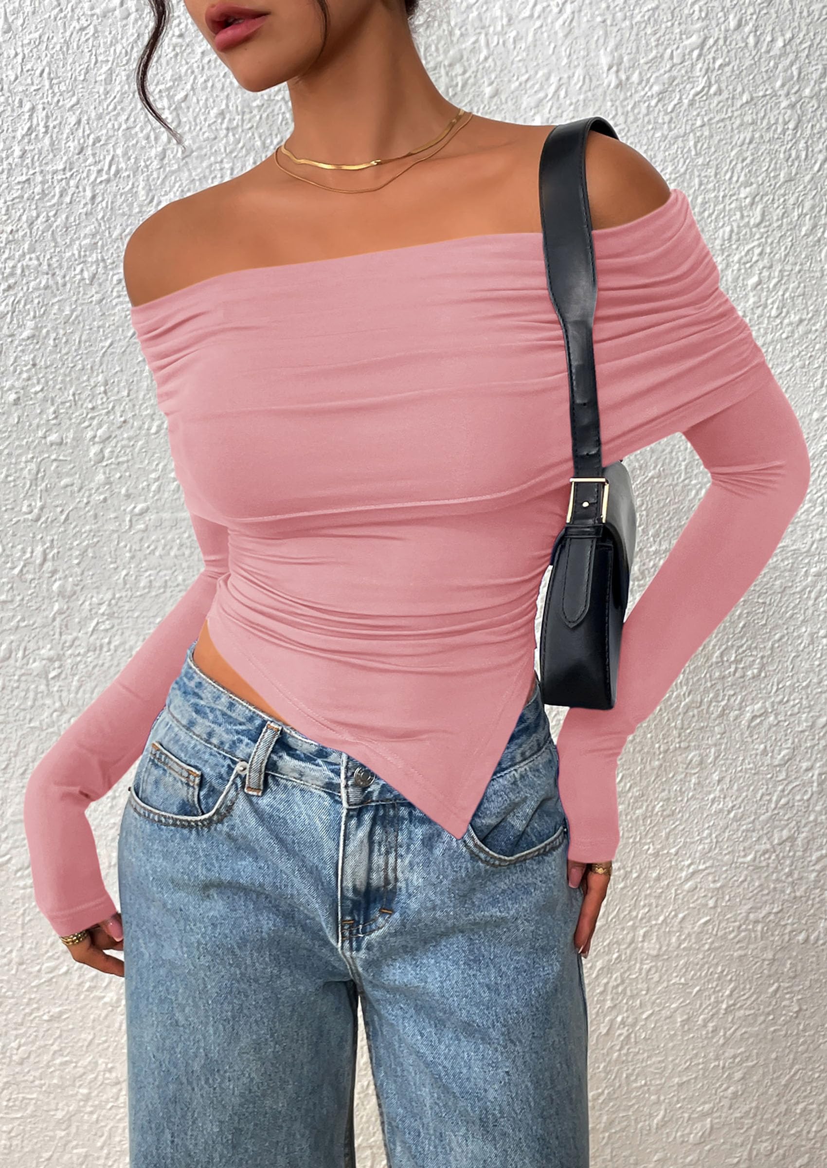 PRETTYGARDEN Women's Long Sleeve Shirts Off Shoulder Tops Going Out Slim Fitted Y2K Blouses Fall Fashion Clothes