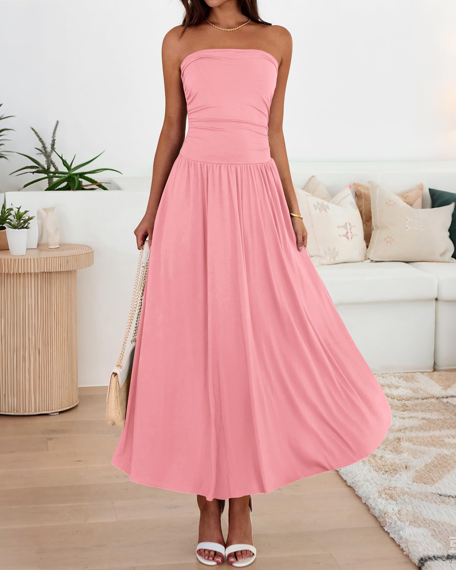 BTFBM Summer Maxi Dresses for Women Strapless Ruched Tube Top Beach Vacation Spring Wedding Guest Dress Pockets PRETTYGARDEN