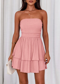 PRETTYGARDEN Women's Summer Strapless Tube Mini Dress Off Shoulder Smocked Ruffle A Line Flowy Short Party Club Dresses