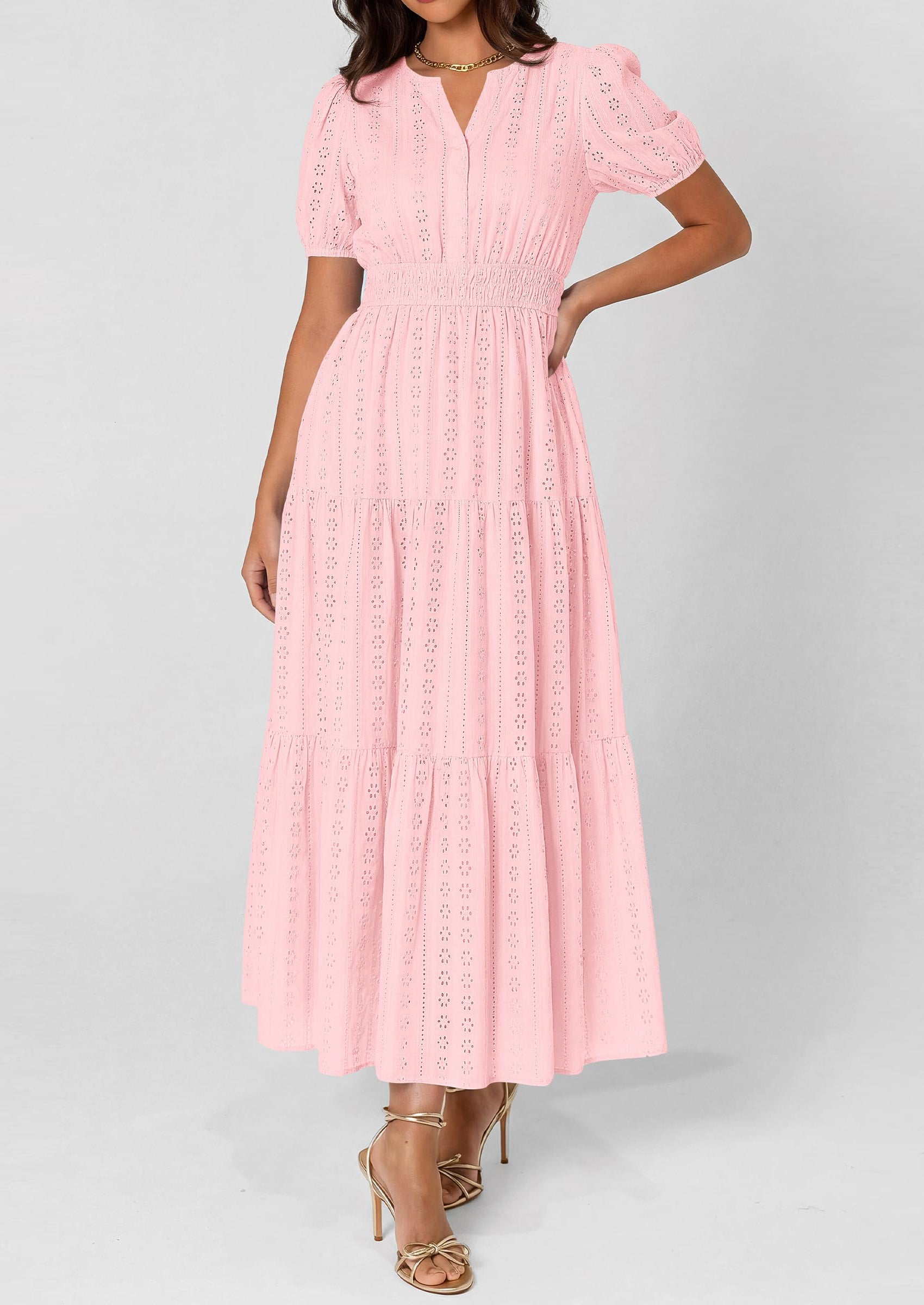 PRETTYGARDEN Womens Summer Maxi Dresses Casual Puff Sleeve V Neck Smoc