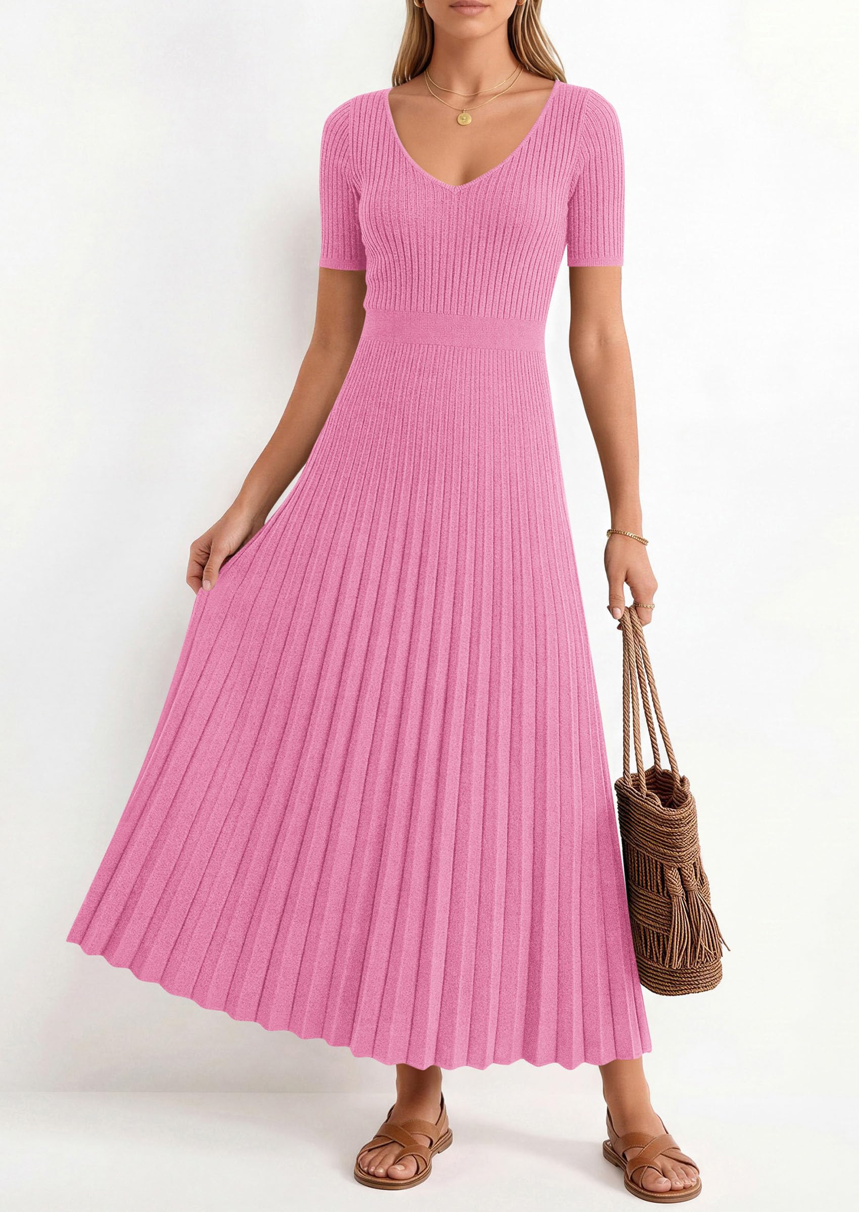 PRETTYGARDEN Women's Spring Midi Sweater Dresses Elegant Pleated Ribbed Knit Short Sleeve V Neck A Line Summer Outfits PRETTYGARDEN