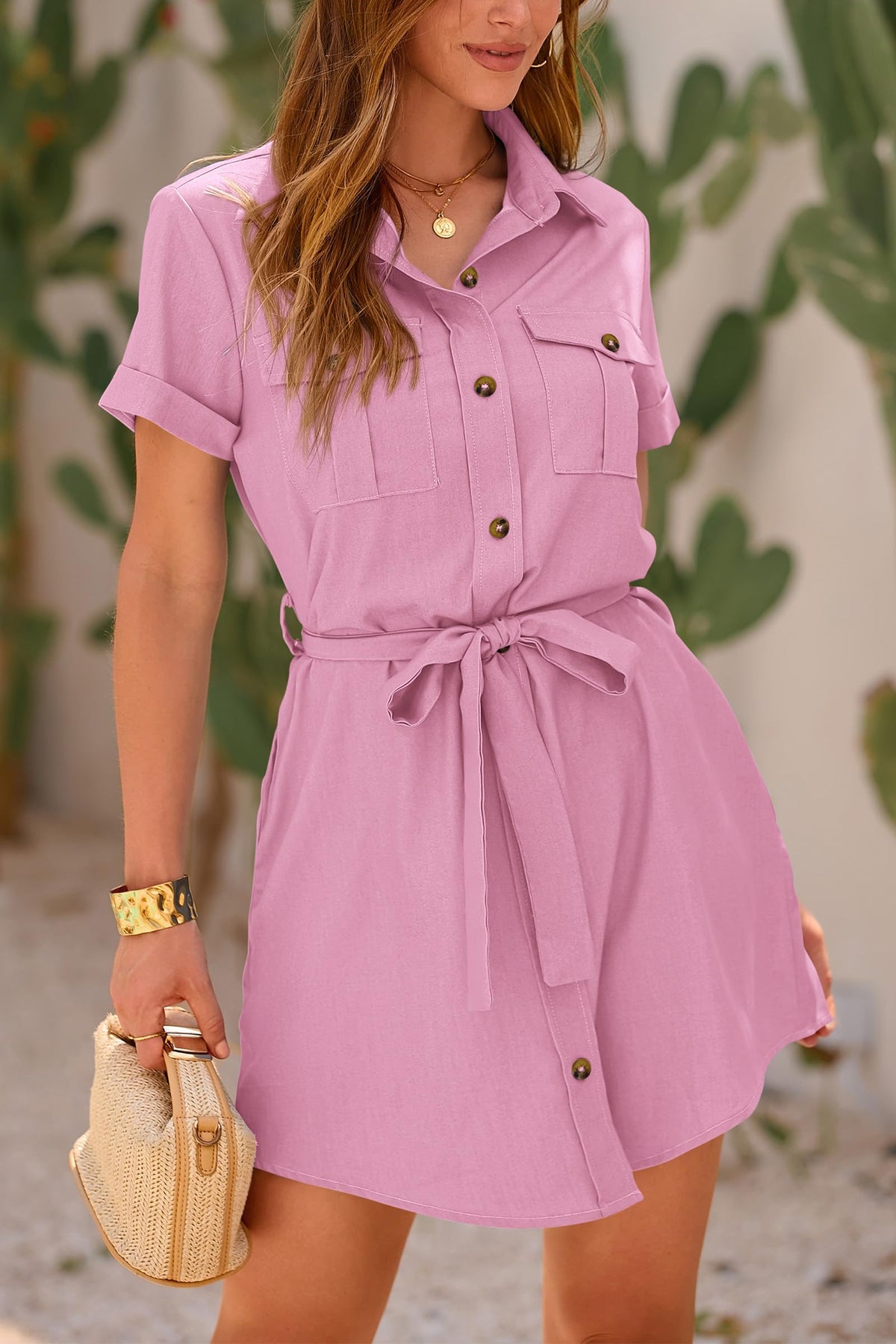 Casual Summer Short Sleeve Button Down V Neck Collared Belted Pocket Dresses