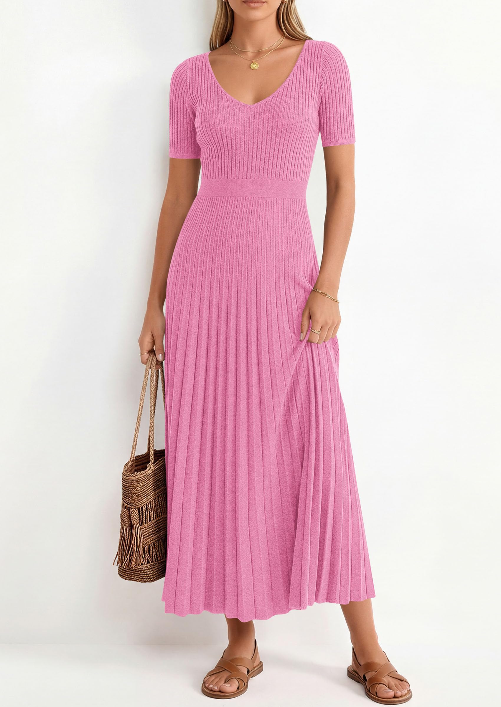 PRETTYGARDEN Women's Spring Midi Sweater Dresses Elegant Pleated Ribbed Knit Short Sleeve V Neck A Line Summer Outfits PRETTYGARDEN