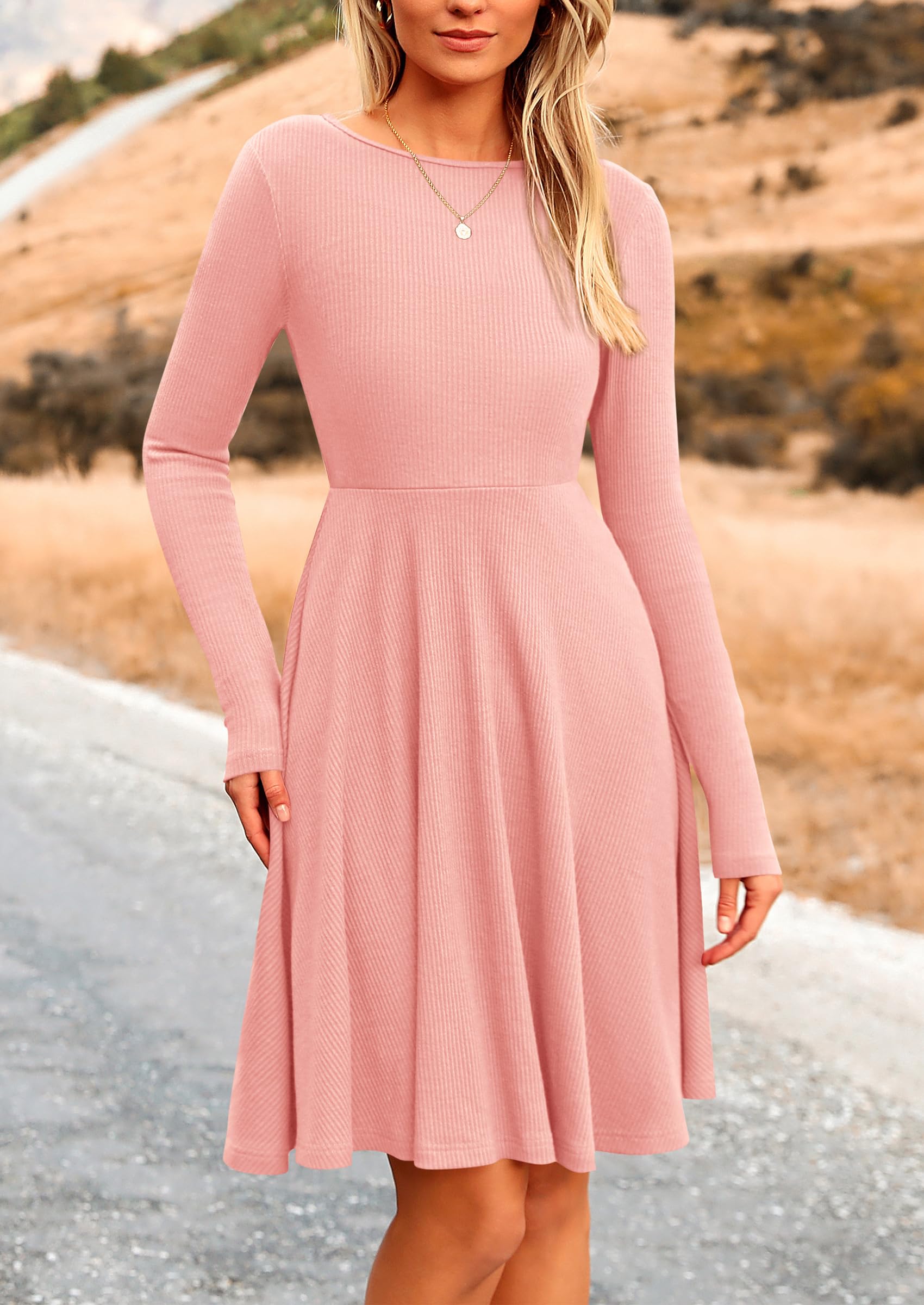 PRETTYGARDEN Women's Spring Fall Short Dress Ribbed Knit Crewneck Long Sleeve A Line Flowy Casual Elegant Going Out Dresses