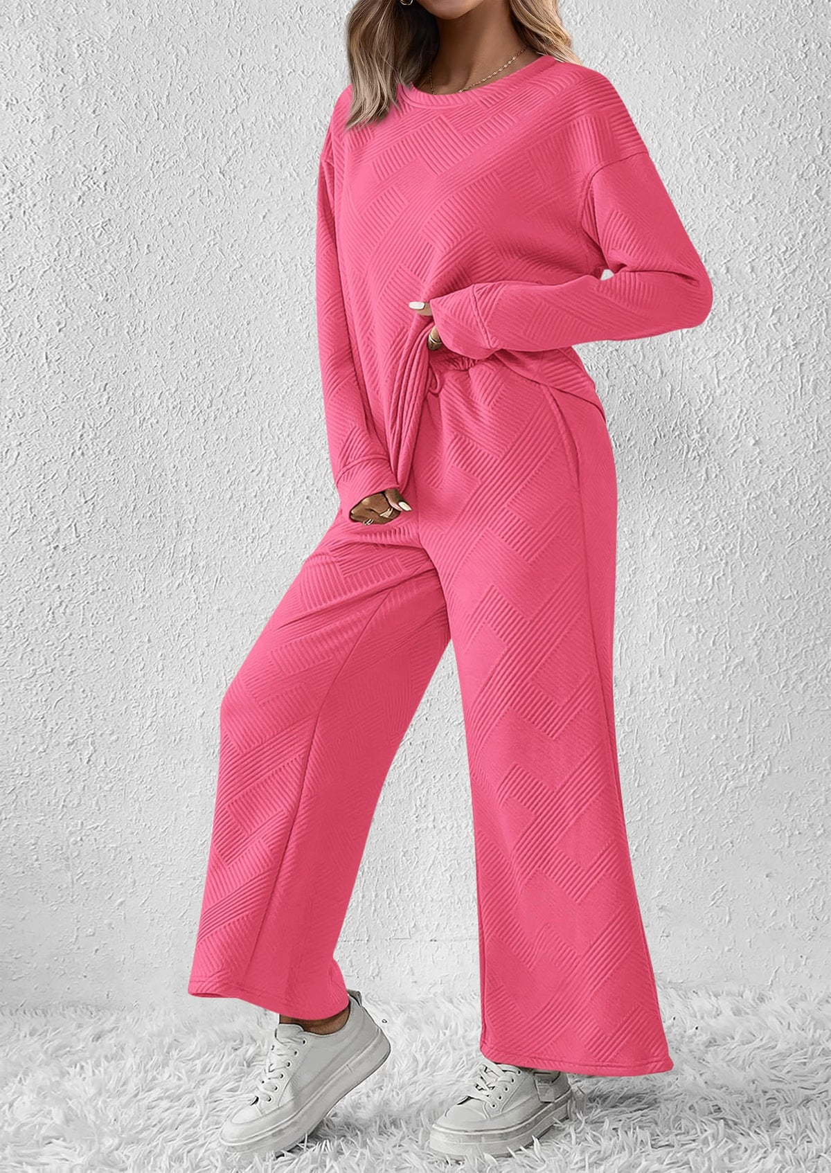 2 Piece Outfits Fall Casual Long Sleeve Pullover Tops and Wide Leg Pants Knitted Lounge Sets