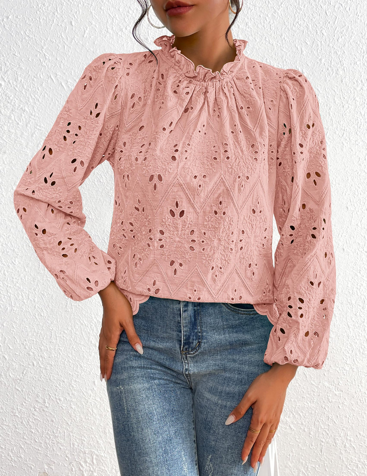 Womens Blouses Dressy Casual Embroidered Long Puff Sleeve Shirts Ruffle Eyelet Lace Top Fall Clothes