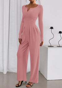 PRETTYGARDEN Jumpsuits for Women Dressy Casual Fall One Piece Outfits Long Sleeve Crew Neck Wide Leg Pants Rompers