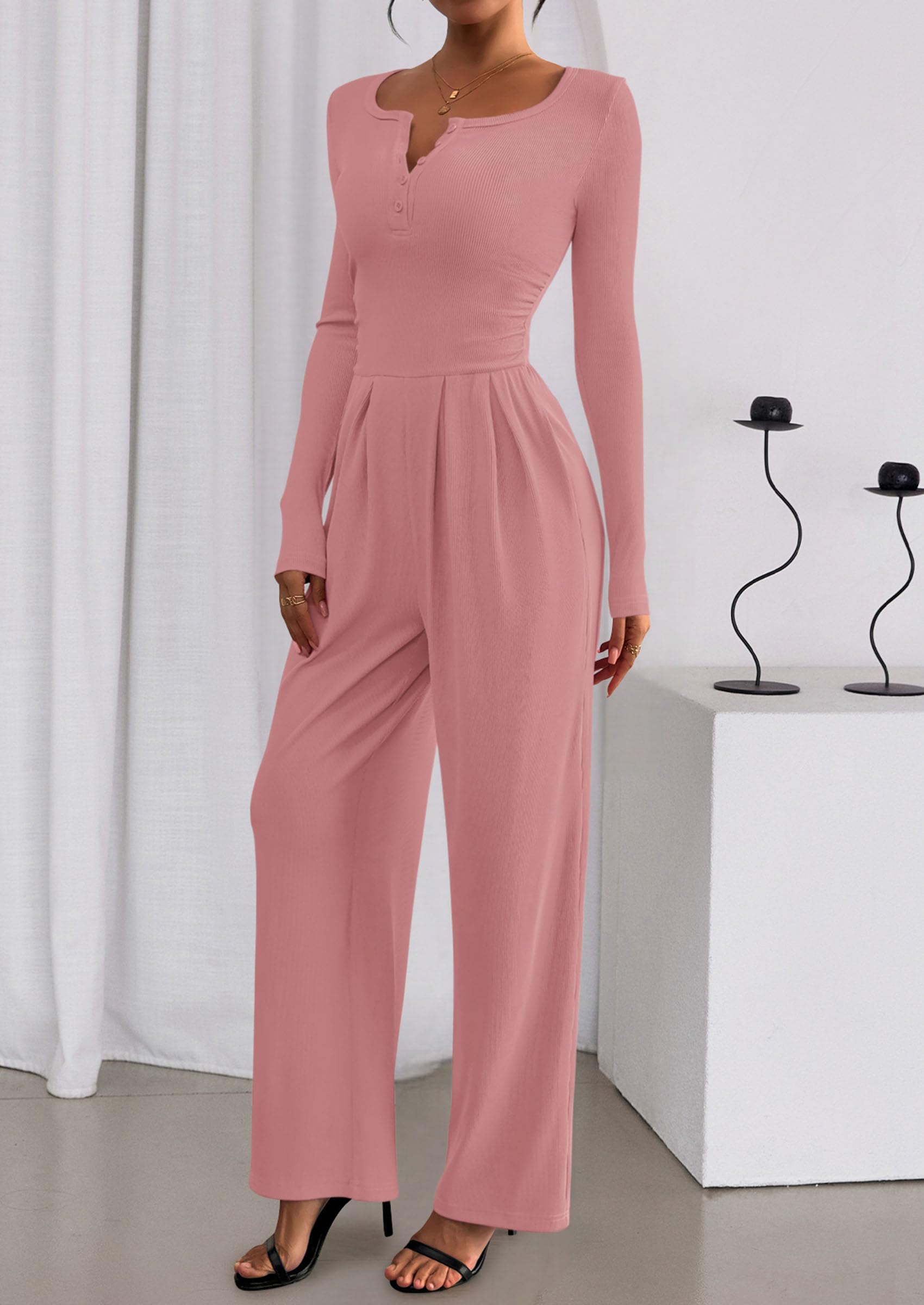 PRETTYGARDEN Jumpsuits for Women Dressy Casual Fall One Piece Outfits Long Sleeve Crew Neck Wide Leg Pants Rompers