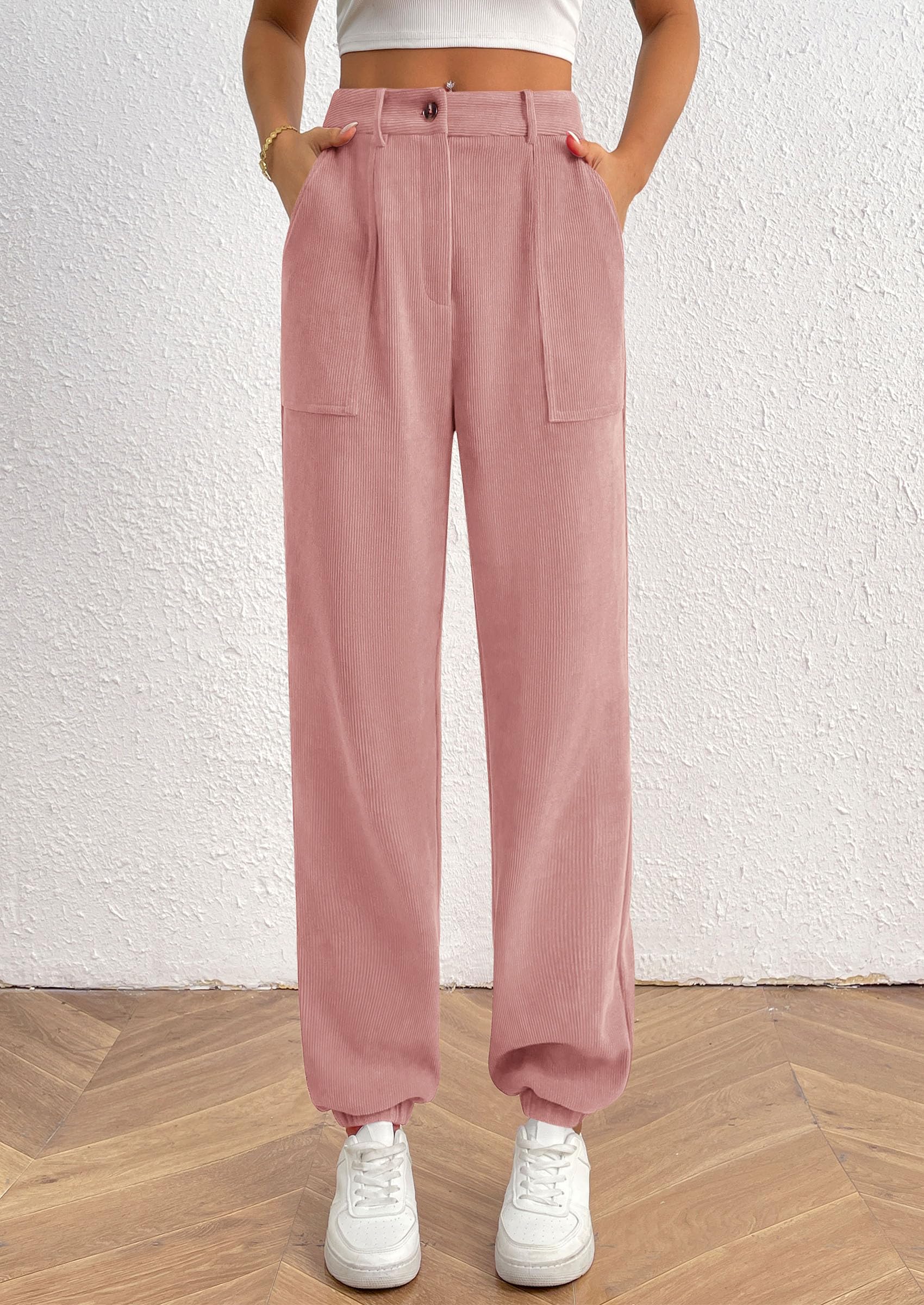 PRETTYGARDEN Women's Pants Dressy Casual Fall Elastic High Waisted Work Office Corduroy Trouser Slacks with Pockets